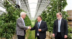 Winfried Kretschmann, Landwirt Hubert Bernhard und Prof. Andreas Bett vor der Agri-Photovoltaikanlage in Kressbronn